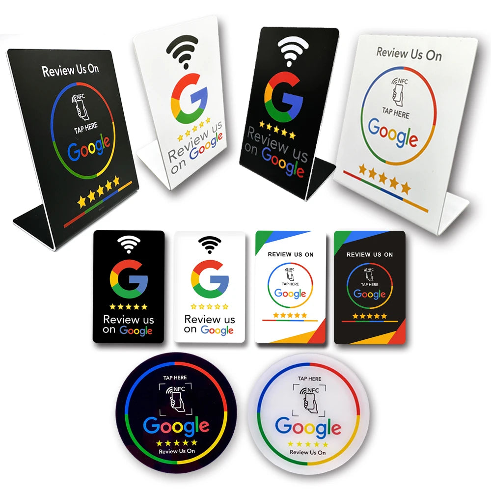 Transform Your Business with NFC 215 Programmable Google Review Acrylic Stickers - Waterproof & Stylish NFC Stand for Customer Feedback