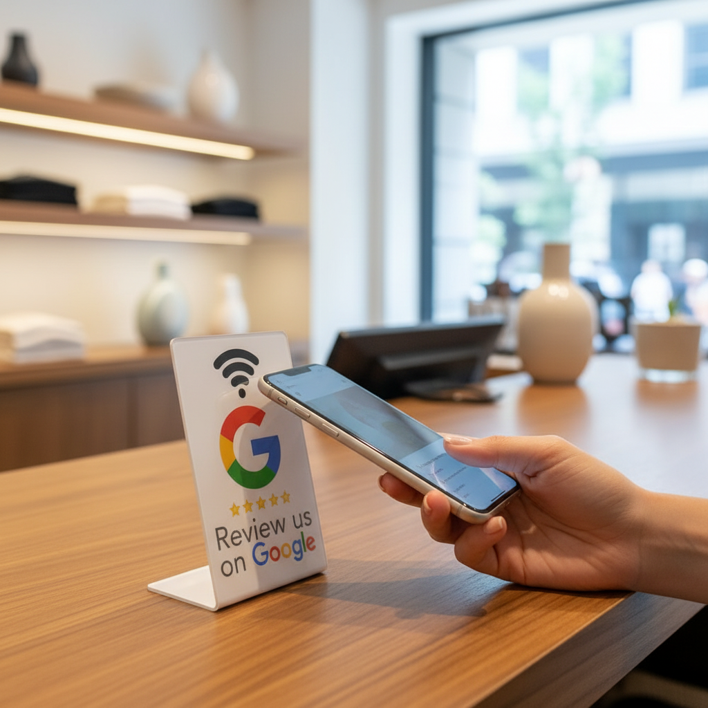 Transform Your Business with NFC 215 Programmable Google Review Acrylic Stickers - Waterproof & Stylish NFC Stand for Customer Feedback